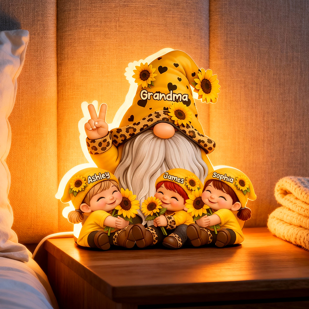 Gnome Grandma & Grandkids Sunflower - Personalized Light Box - Sentimental Gift for Grandma
