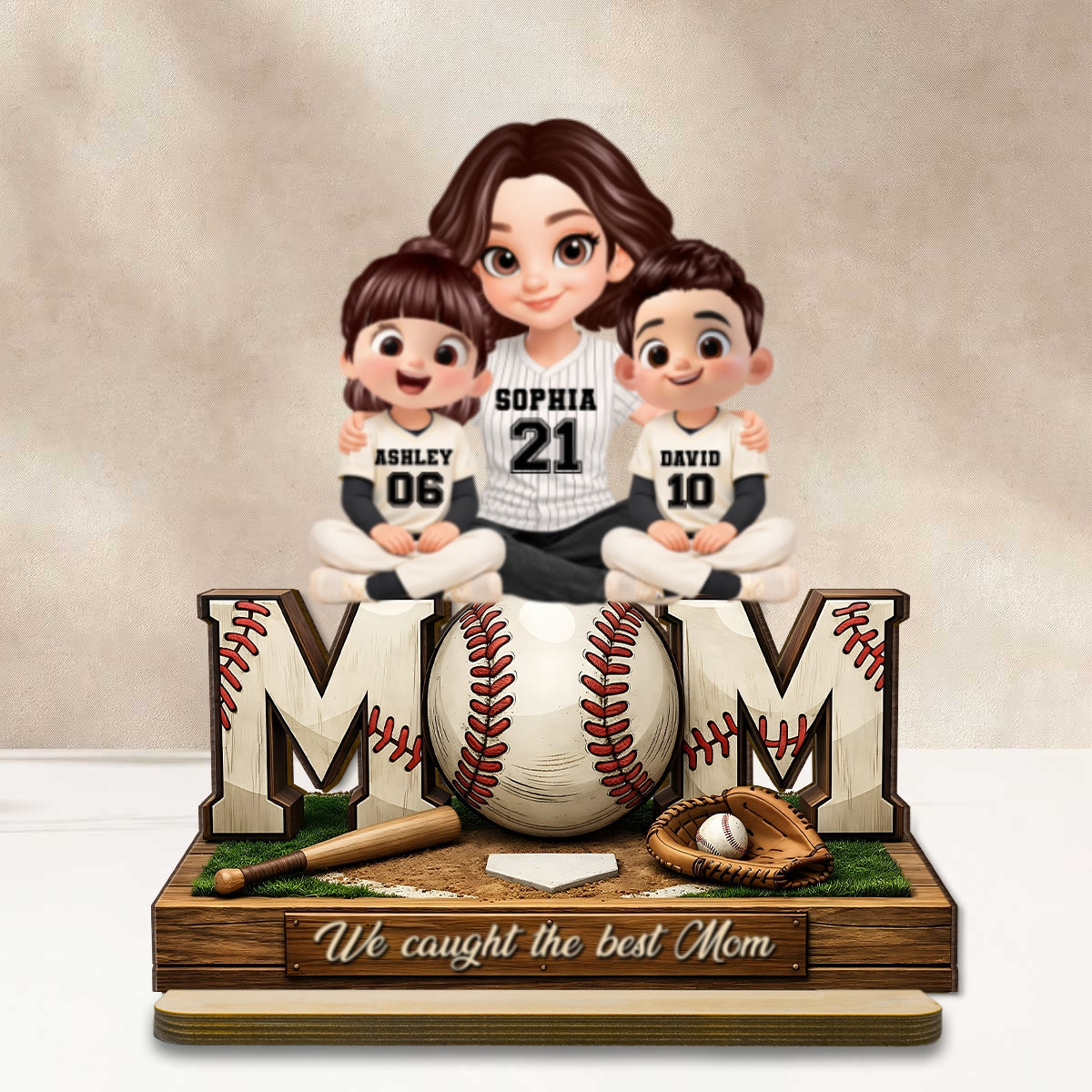 Baseball Mom and Kids We Caught the Best Mom - Personalized 2-Layered Wooden Plaque - Heartfelt Gift for Mom