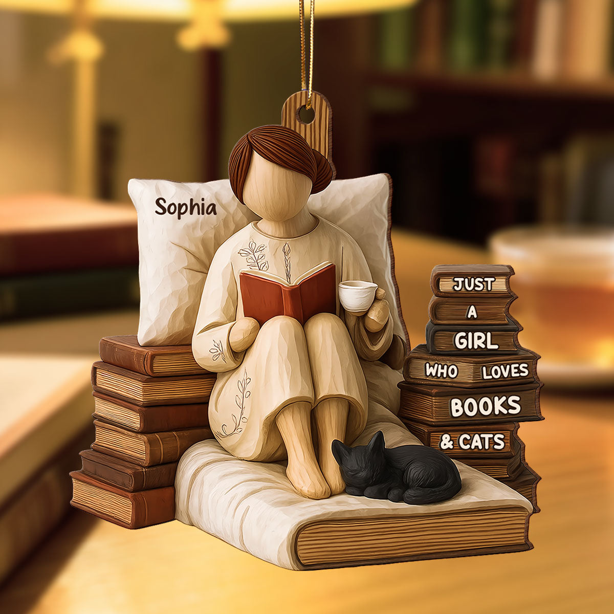 Just A Girl Who Loves Books & Cats 3D Effect - Personalized Wooden Ornament - Christmas Gift For Book Lover, Bookworm
