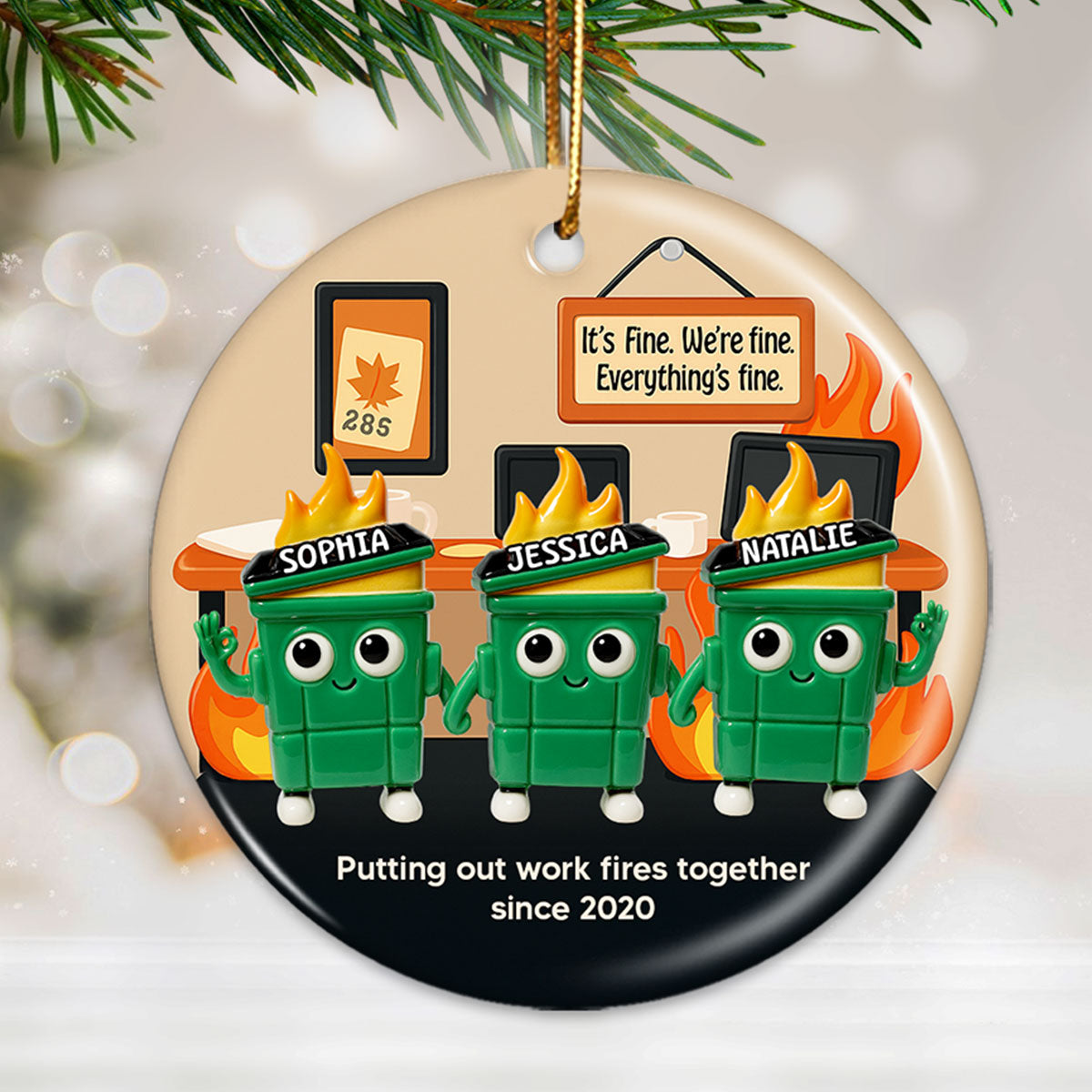 3D Effect Dumpster Fires In Office Scene - Personalized Ceramic Ornament - Funny Gift For Colleagues, Work Besties