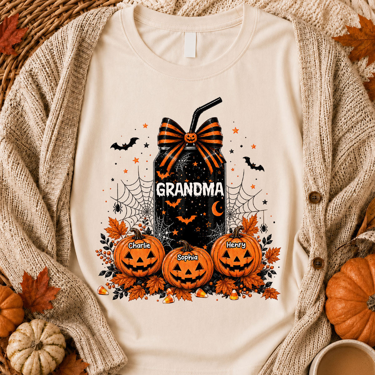 Trending Halloween Retro Soda Grandma Custom Kids Names - Personalized Shirt - Halloween Shirt For Grandma