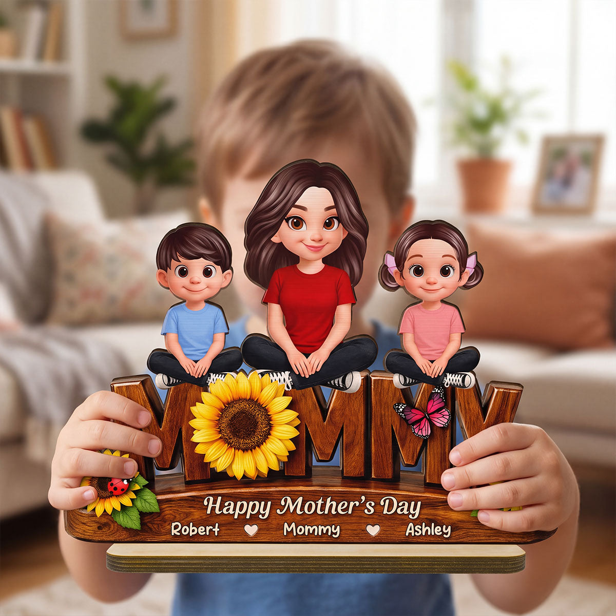 Sunflower Mom And Kids - Personalized 2-Layered Wooden Plaque - Mother's Day Gift For Mom, Wife