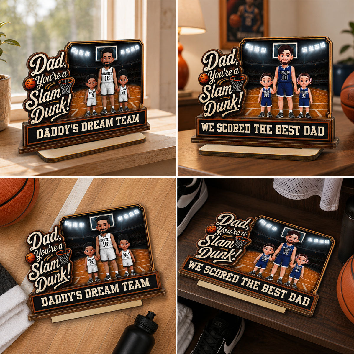 Dad You Are A Slam Dunk Basketball Man & Kids 2D Flat - Personalized 2-Layered Wooden Plaque -  Gift For Basketball Dad