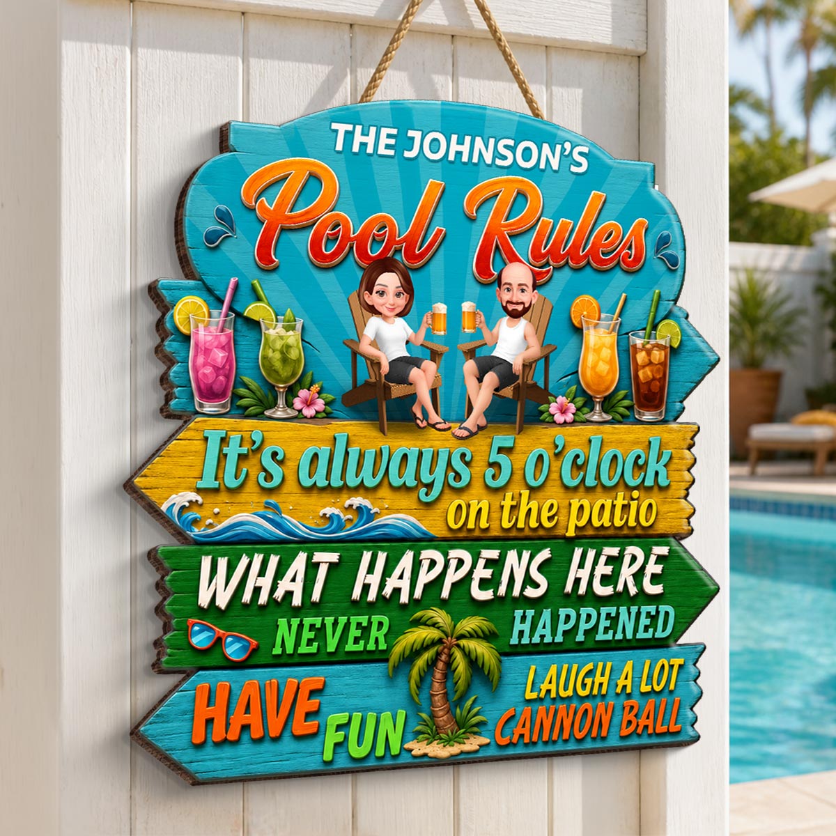 Family Pool Rules Sign Tropical - Personalized Wood Sign - Gift For Grandpa, Grandma, Summer Decorations