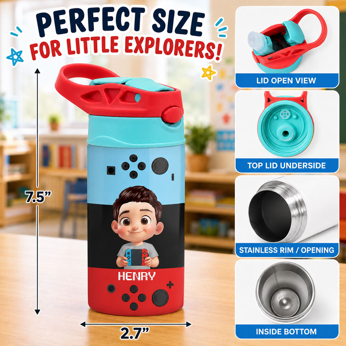Happy Gamer - Personalized Kid Insulated Water Bottle - Back To School Gift For Kid, Girl, Boy