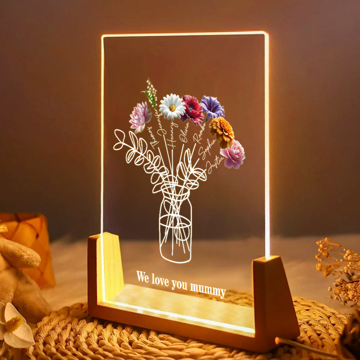 Family Birth Month Flowers Bouquet - Personalized Acrylic Block LED Night Light - Heartfelt Gift For Mom, Grandma