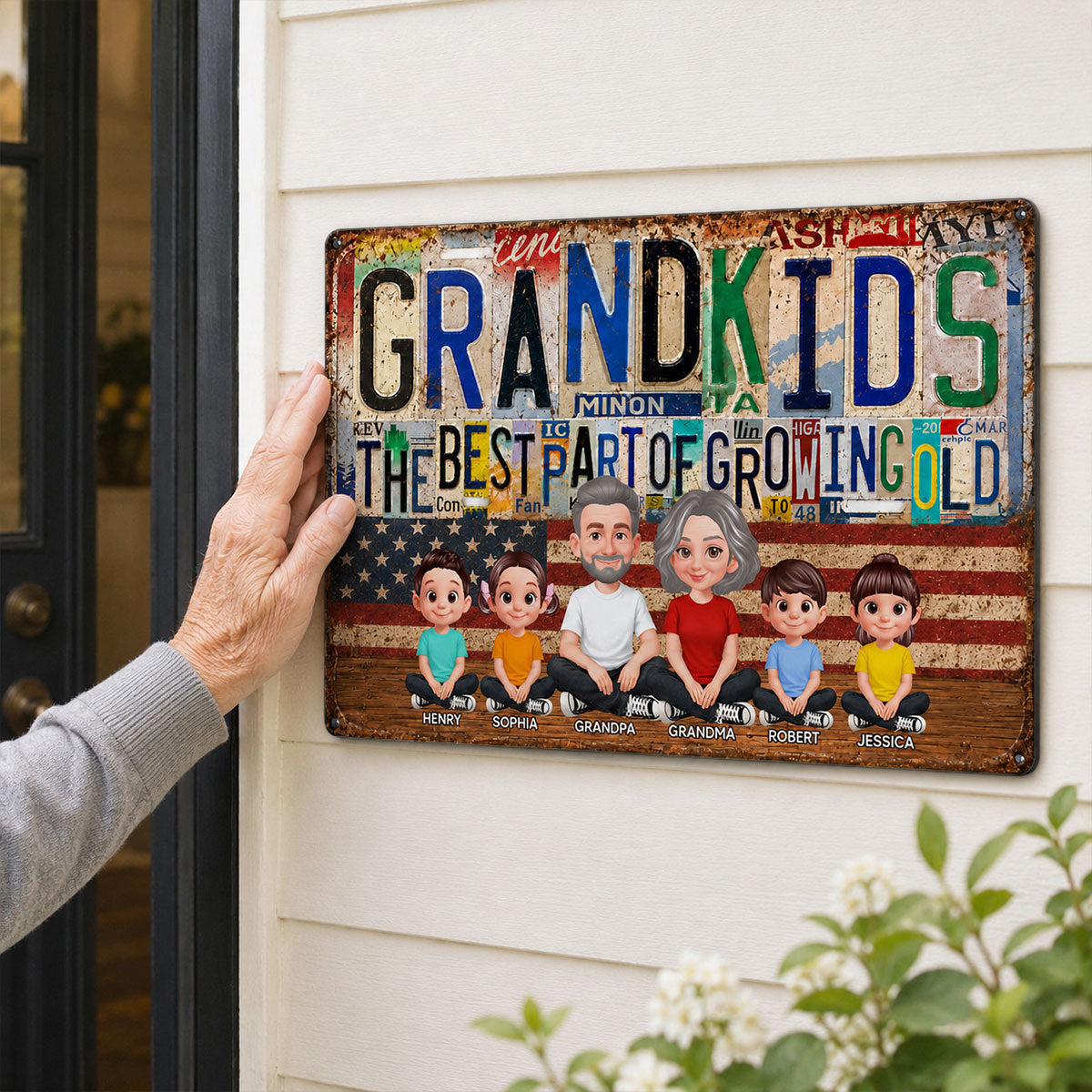 Grandkids Best Part Of Growing Old License Plate Style - Personalized Metal Sign - Gift For Grandparents, Patriotic Rustic Vintage
