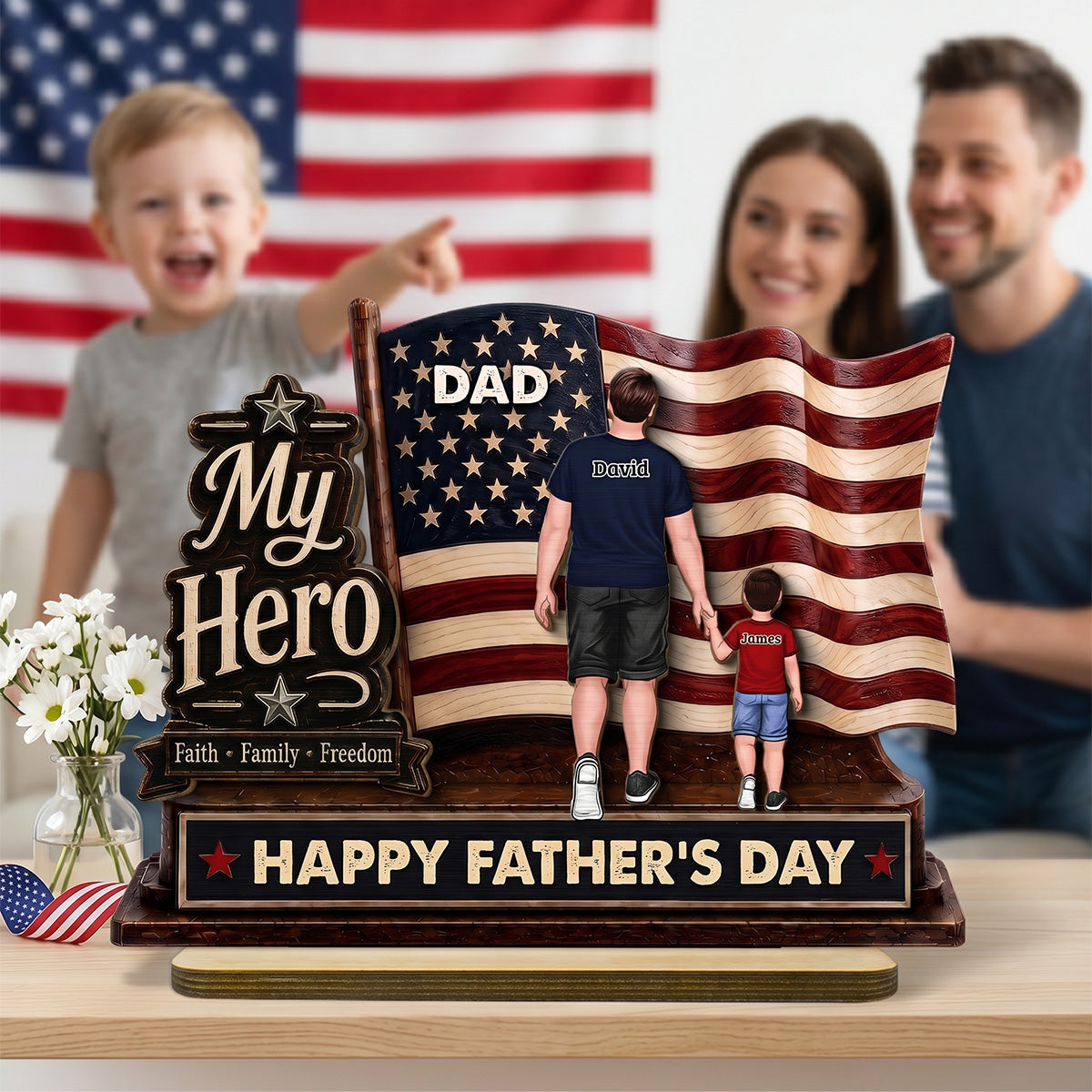 Dad Grandpa Our Hero American Flag 2D Flat - Personalized 2-Layered Wooden Plaque -  Gift For Patriotic Dad, Grandpa, Husband
