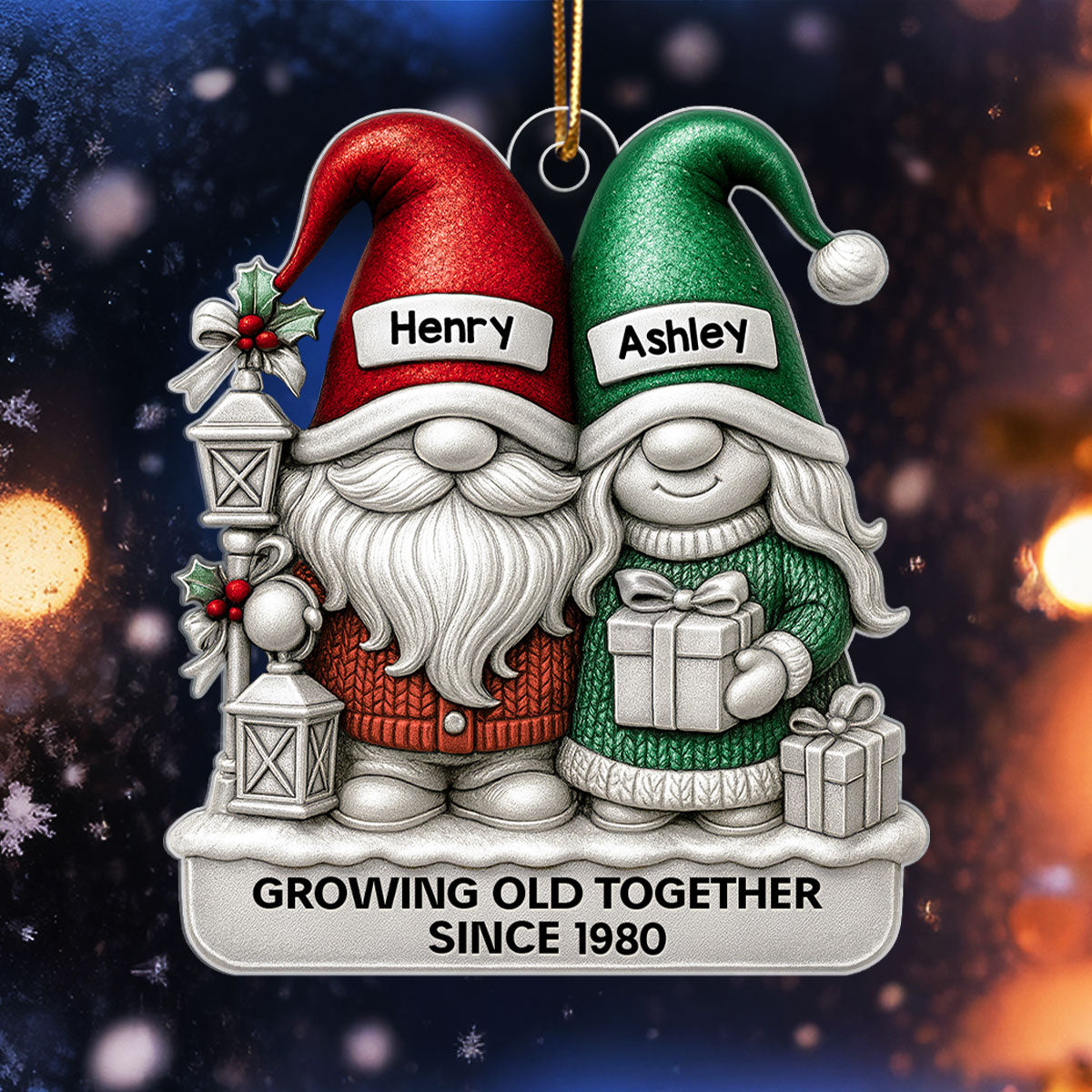 Gnome Couple 3D Metallic Effect - Personalized Acrylic Ornament - Christmas Gift for Couple