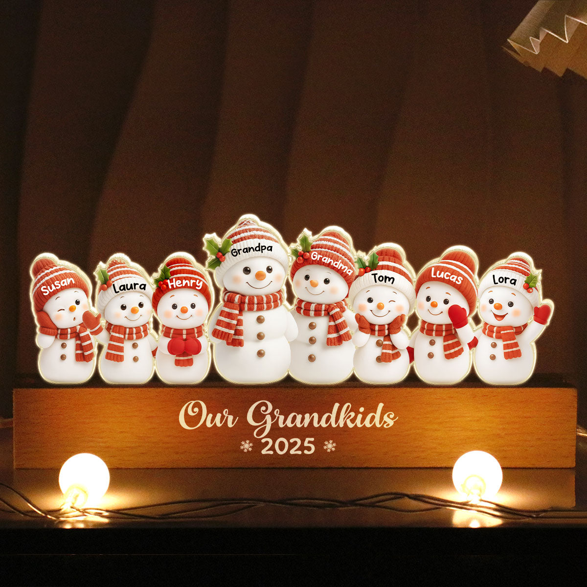 Festive Snowman Family Members - Personalized Acrylic Block Plaque LED Night Light - Christmas Gift for Family