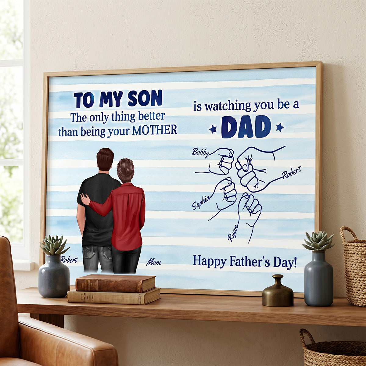 From Mom Dad To Son Watching You Be A Dad Blue Stripe Theme - Personalized Poster - Father's Day Gift For Son