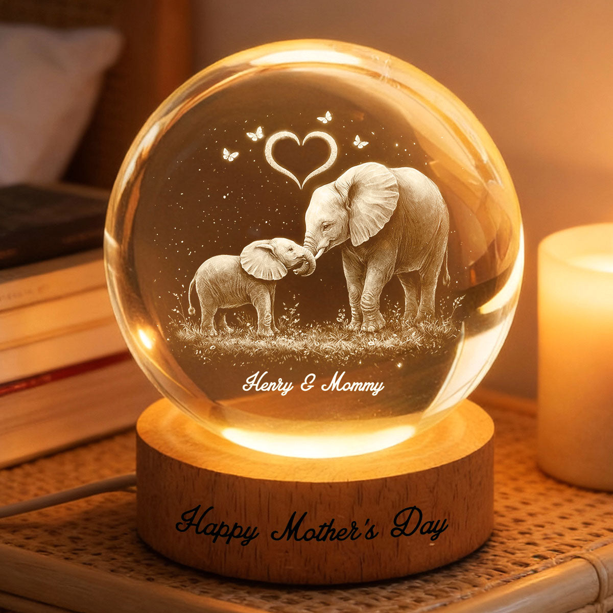 Elephant Mom and Kids - Personalized Crystal Ball LED Night Light - Heartfelt Mother's Day Gift for Mom
