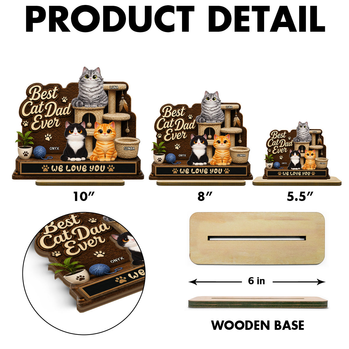 Best Cat Dad Ever Cute Cats On Cat Tree 2D Flat - Personalized 2-Layered Wooden Plaque -  Gift For Cat Dad