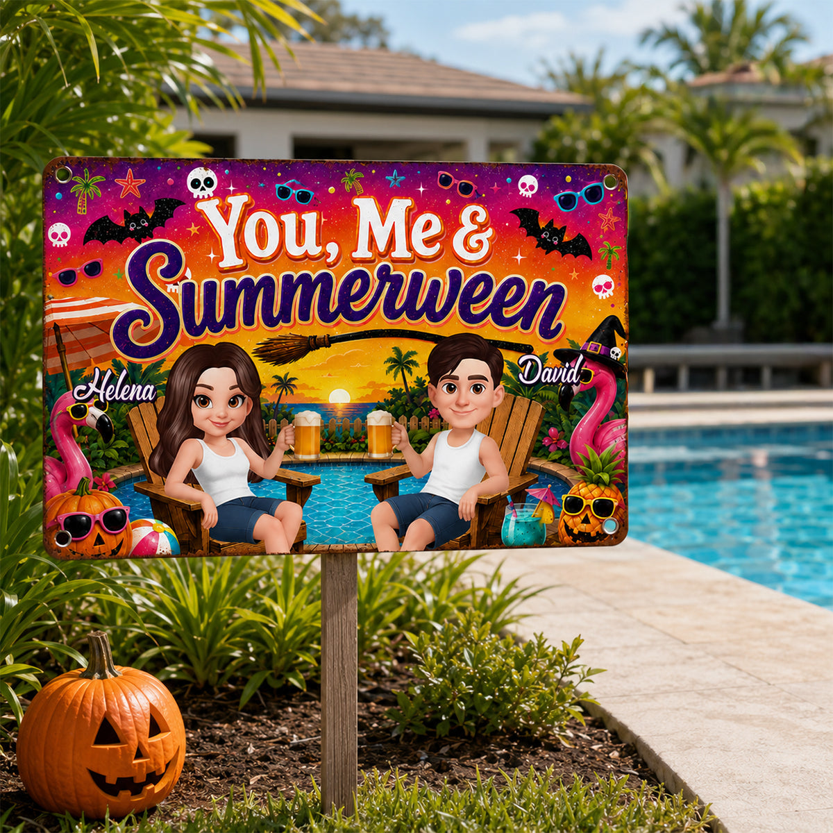 You and Me Summerween Couple - Personalized Metal Sign - Halloween Summer Decor