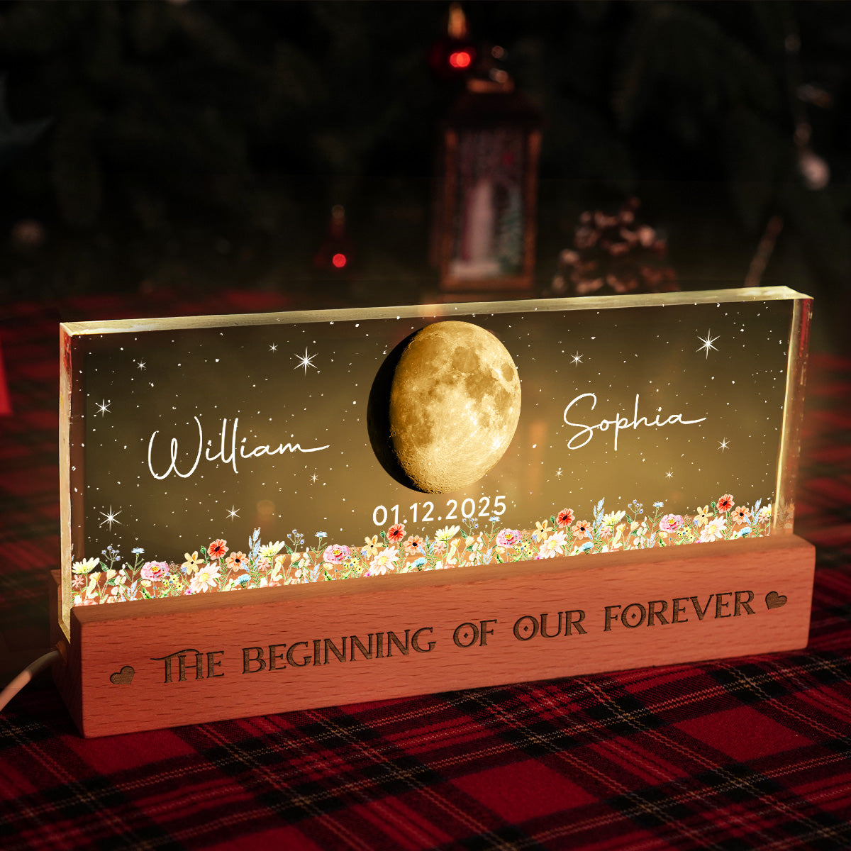 Floral Our Moon Couple Custom Moon Phase Anniversary Date - Personalized Acrylic Block LED Plaque Night Light - Gift For Couple
