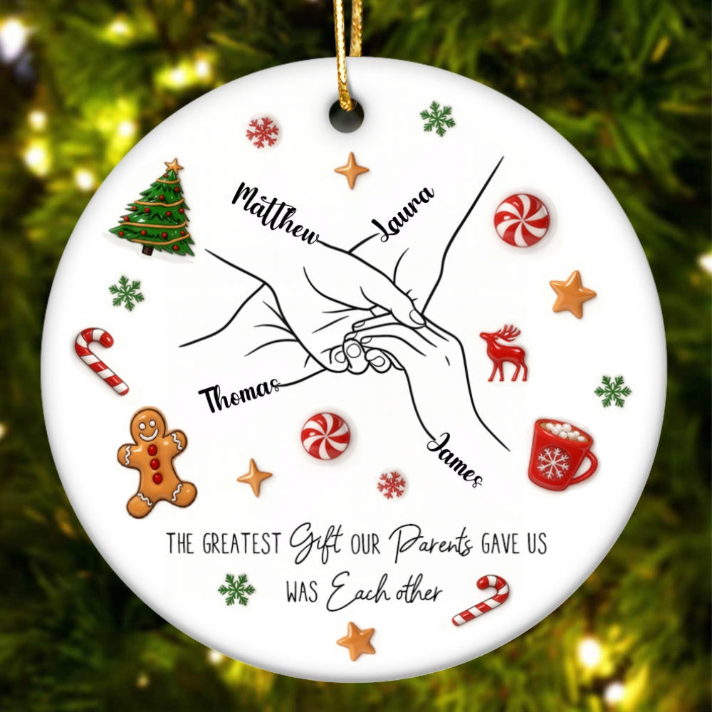 Sibling Hands Line Art - Personalized Ceramic Ornament - Christmas Gift For Brother, For Sister