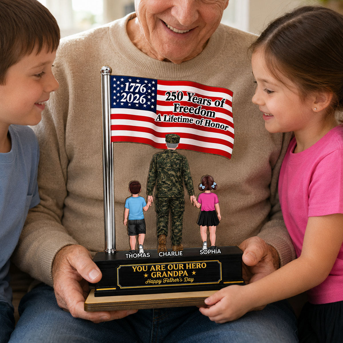 Proud American Military Veteran Grandpa Dad America 250th Anniversary - Personalized 2-Layered Wooden Plaque -  Gift For Dad, Grandpa Husband