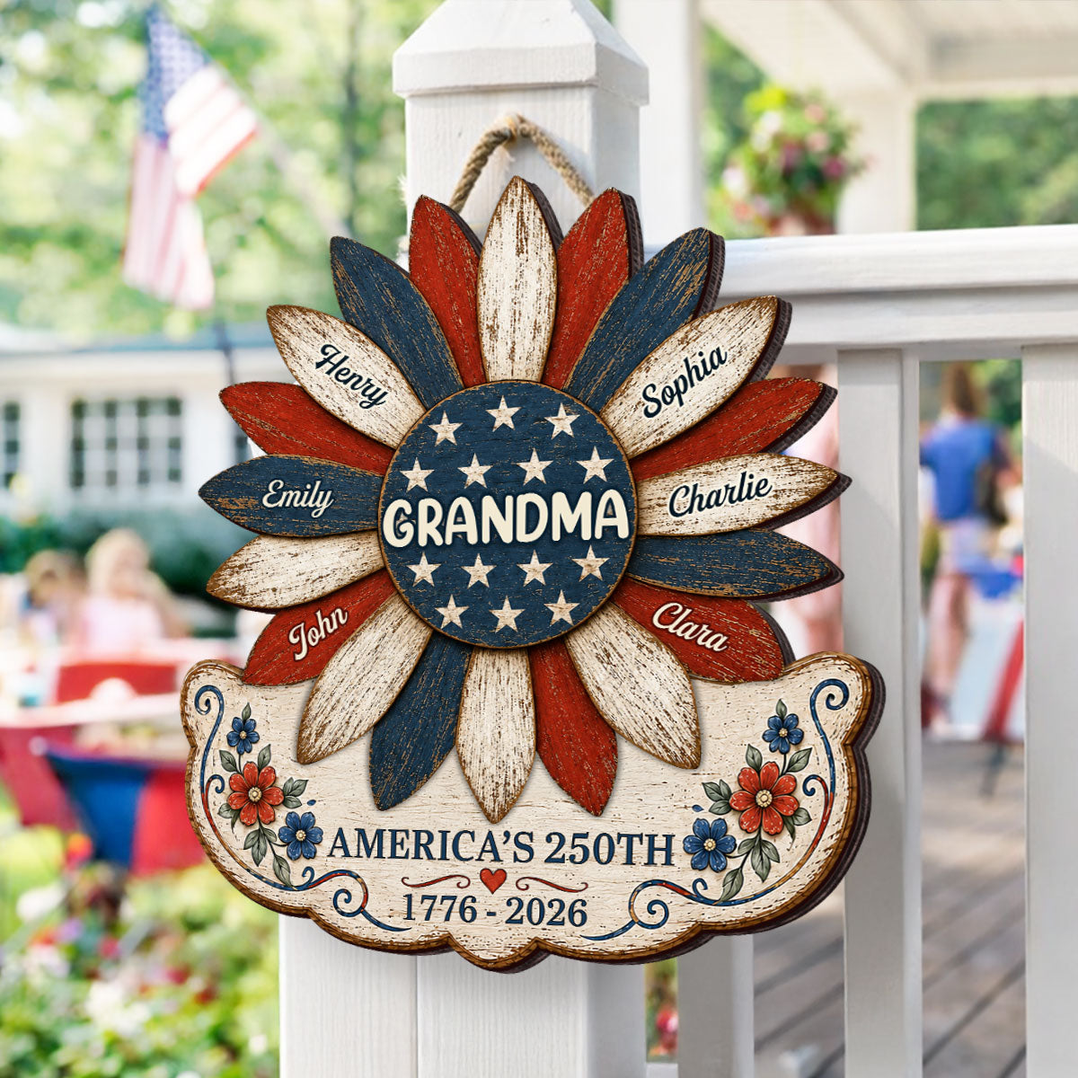Grandma Nation Flag Sunflower America 250th Anniversary - Personalized Wood Sign - 250 Years Of Freedom, Patriotic Decoration