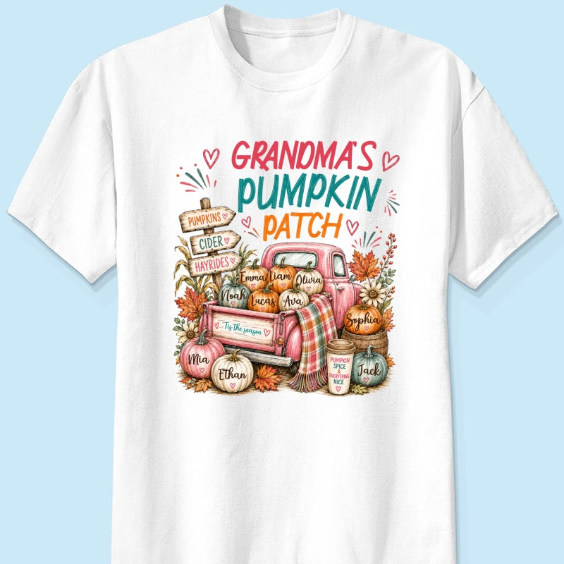 Grandma's Pumpkin Patch Preppy Coquette - Personalized Shirt - Trendy Fall Tee for Grandma