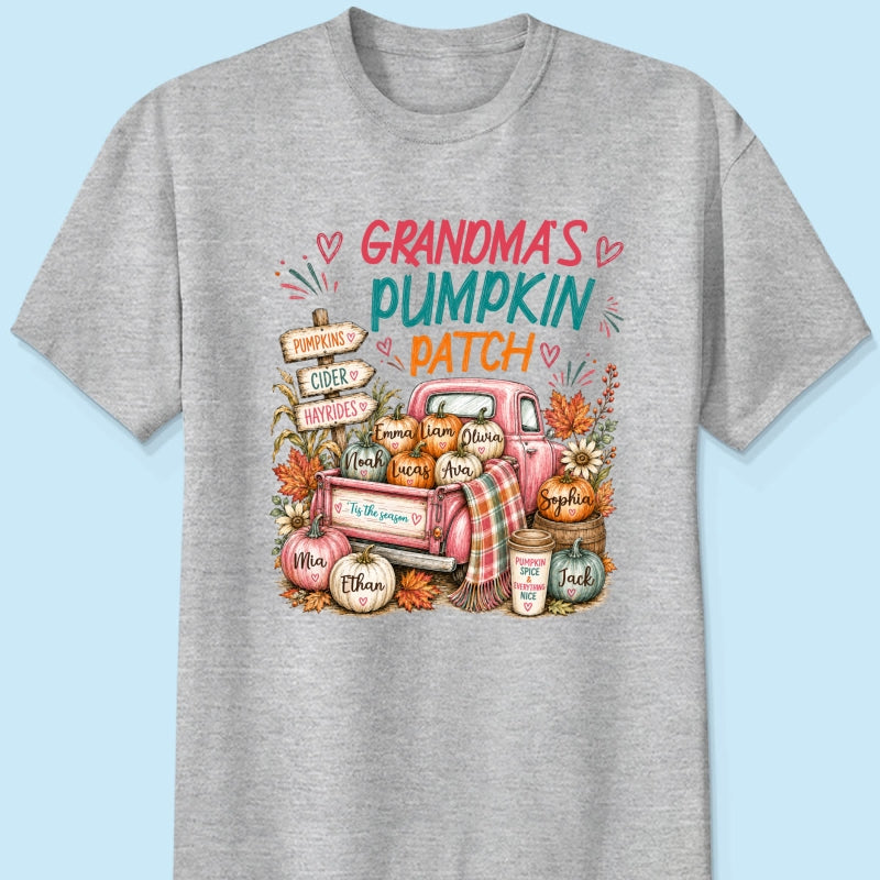 Grandma's Pumpkin Patch Preppy Coquette - Personalized Shirt - Trendy Fall Tee for Grandma
