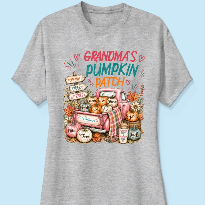 Grandma's Pumpkin Patch Preppy Coquette - Personalized Shirt - Trendy Fall Tee for Grandma