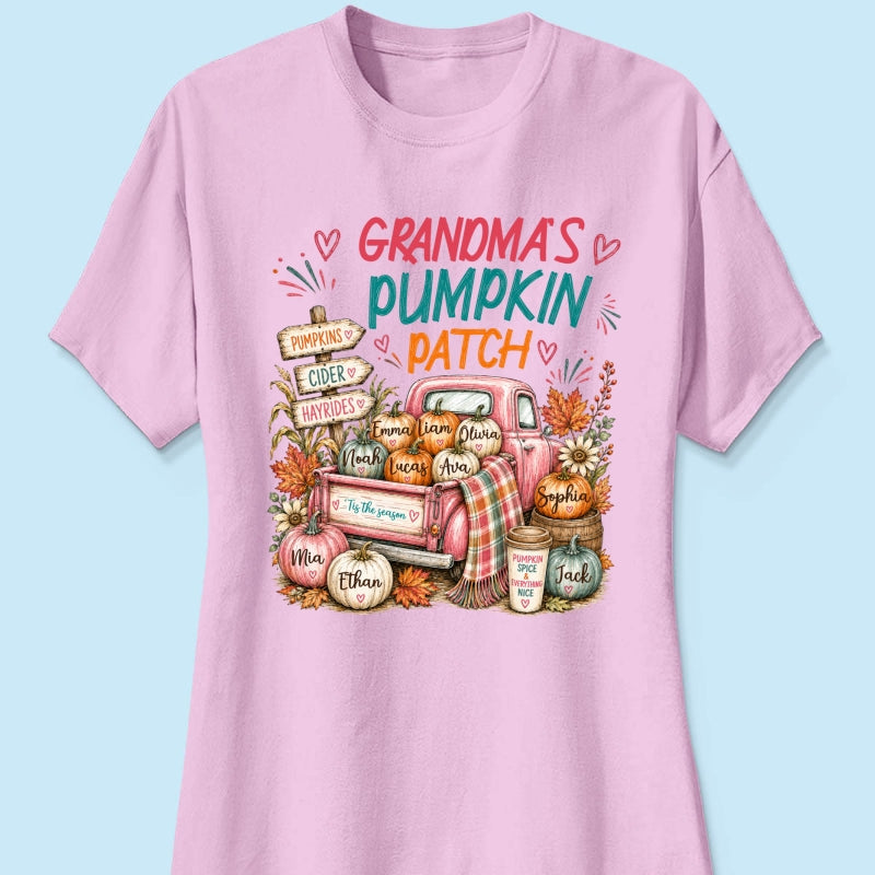 Grandma's Pumpkin Patch Preppy Coquette - Personalized Shirt - Trendy Fall Tee for Grandma