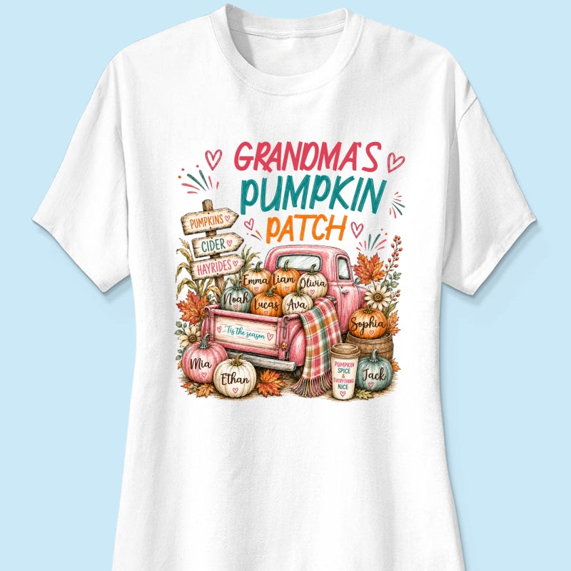 Grandma's Pumpkin Patch Preppy Coquette - Personalized Shirt - Trendy Fall Tee for Grandma