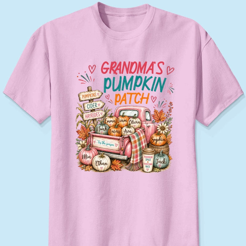Grandma's Pumpkin Patch Preppy Coquette - Personalized Shirt - Trendy Fall Tee for Grandma