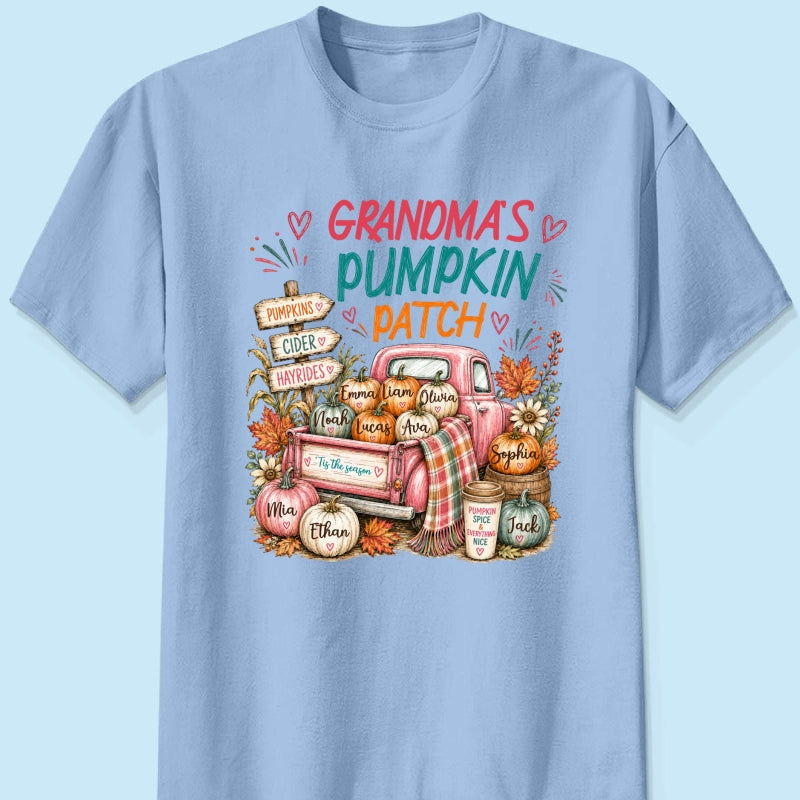 Grandma's Pumpkin Patch Preppy Coquette - Personalized Shirt - Trendy Fall Tee for Grandma