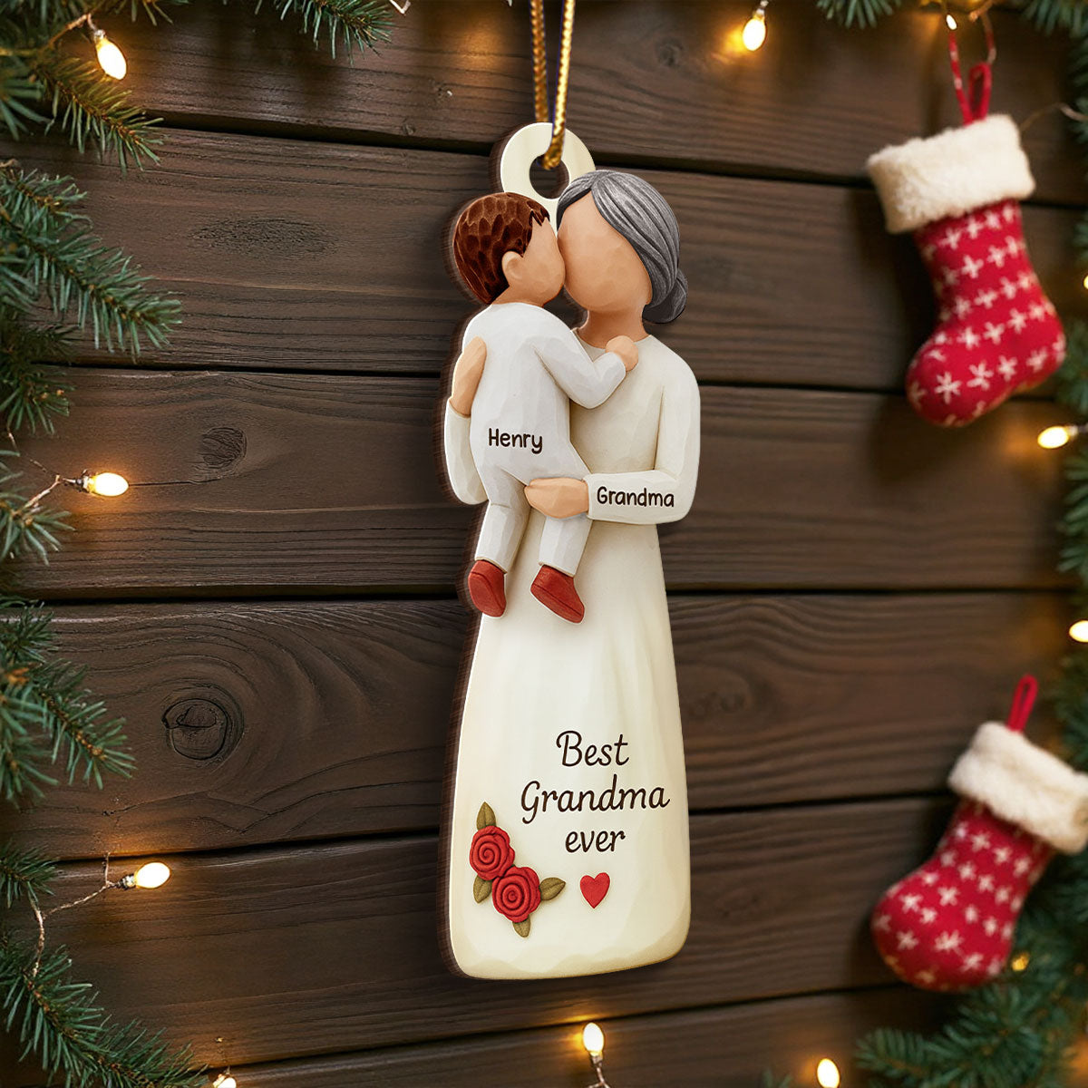 Grandma Hugging Grandkid 3D Effect - Personalized Wooden Ornament