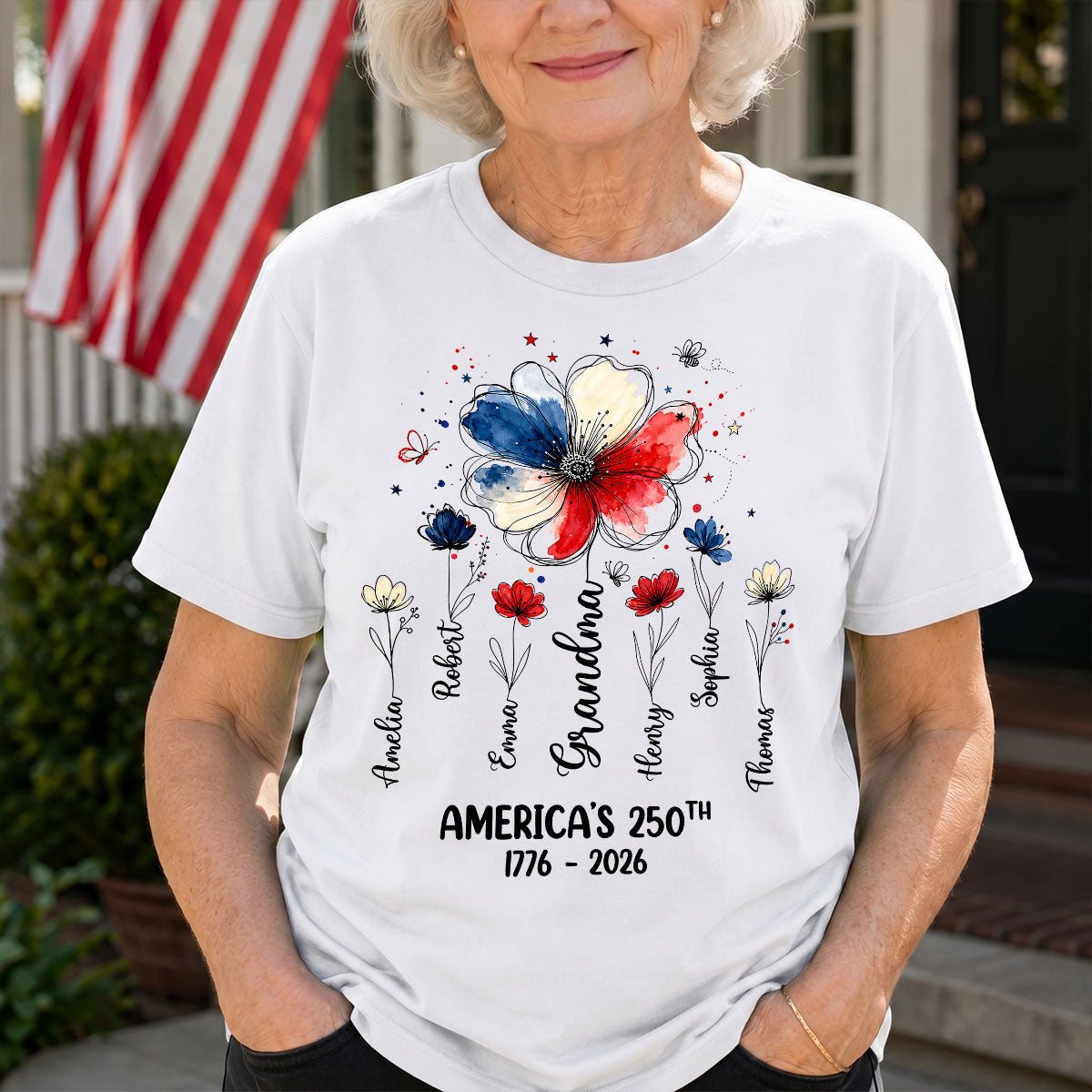 Proud Mom Grandma Flowers American 250th Anniversary - Personalized Shirt - Gift For Mom, Grandma