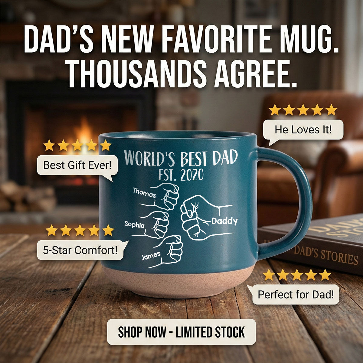 World's Best Dad Fist Bump - Personalized Pottery Mug - Gift For Dad