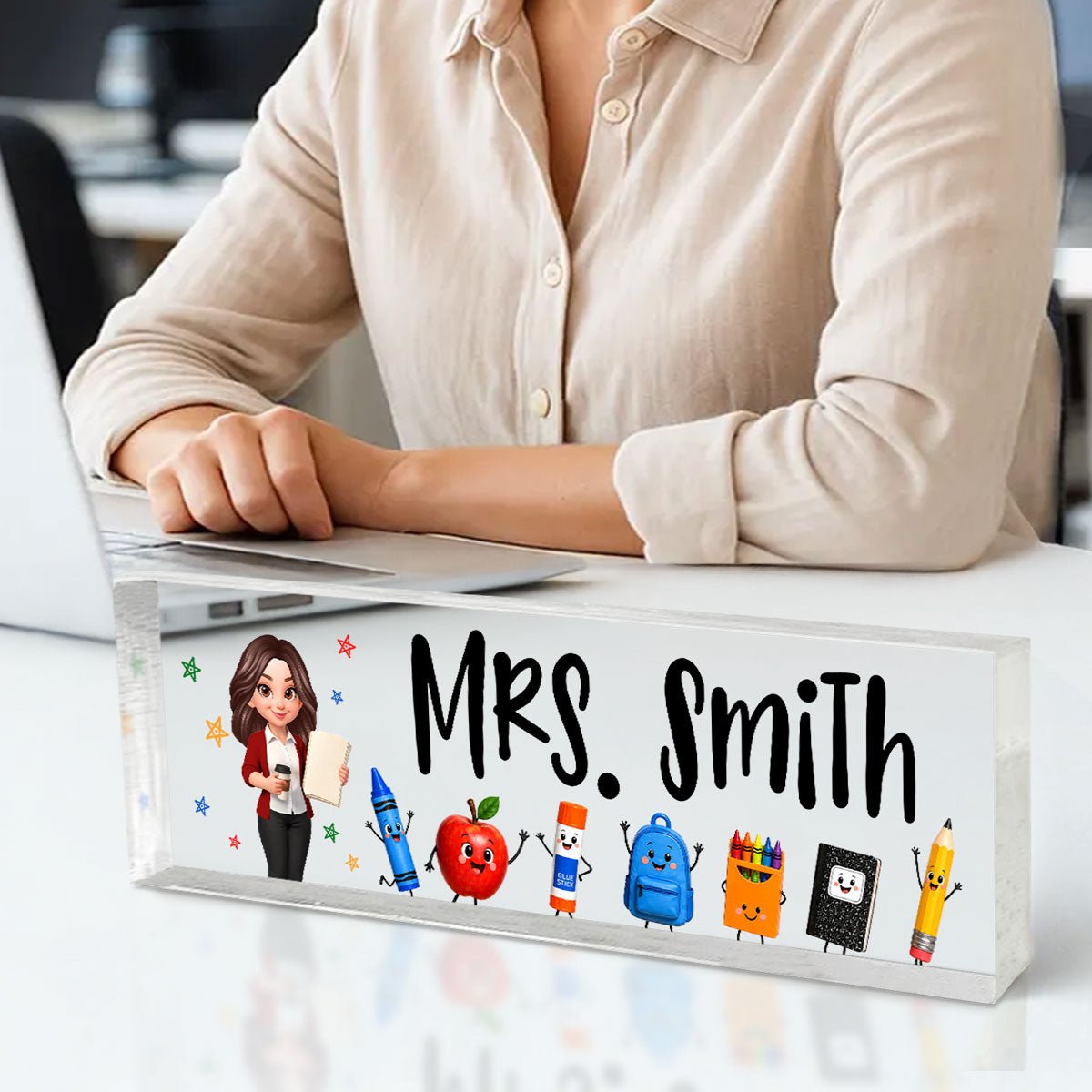 Funny Teacher Life Happy School Suppliers Friends - Personalized Acrylic Desk Name Plate - Back To School Gift For Teacher