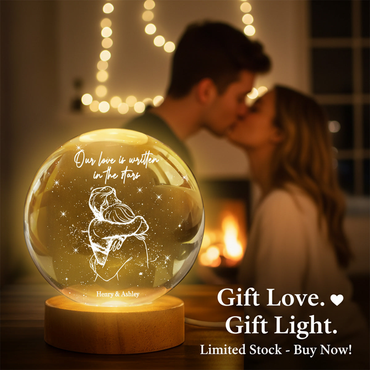 Our Love Written In the Stars Couple Hugging - Personalized Crystal Ball LED Night Light