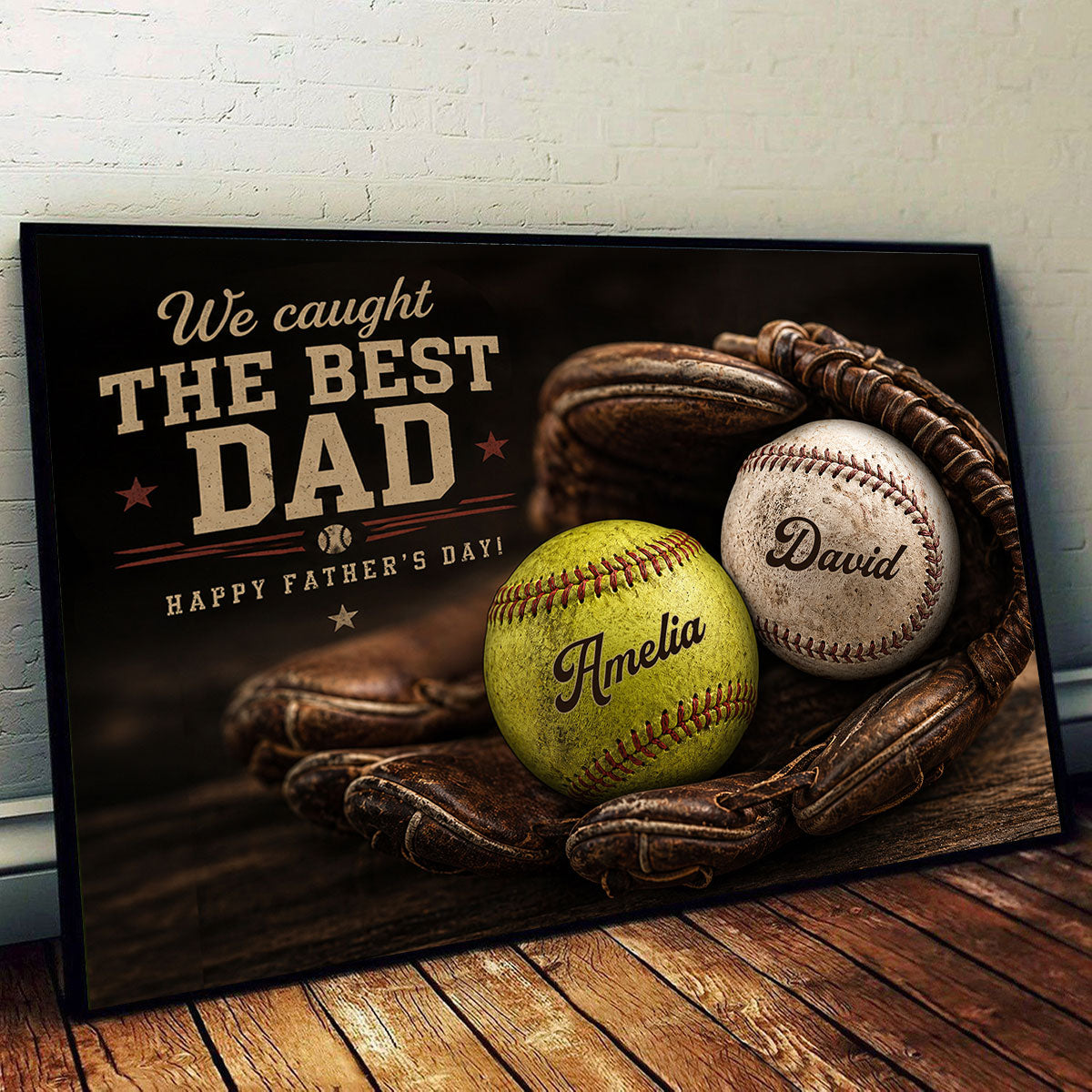 Vintage Baseball Gear We Caught the Best Dad - Personalized Poster - Father's Day Gift for Husband, Dad