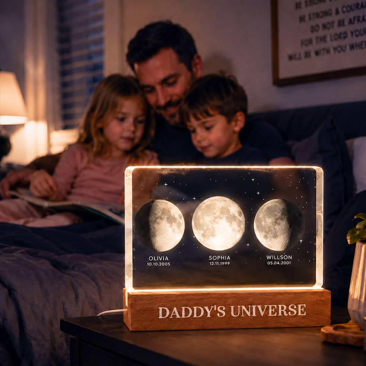Daddy's Universe Custom Moon Phase by Date - Personalized Acrylic Block LED Night Light - Father's Day Gift for Dad, Husband