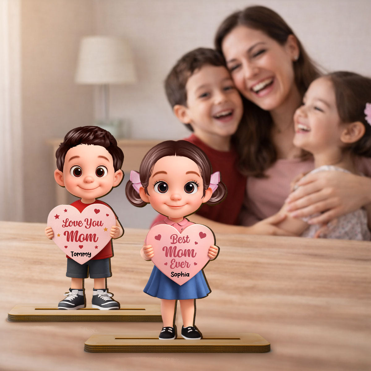 Kid Holding Heart - Personalized 2-Layered Wooden Plaque - Mother's Day Gift for Mom, Wife
