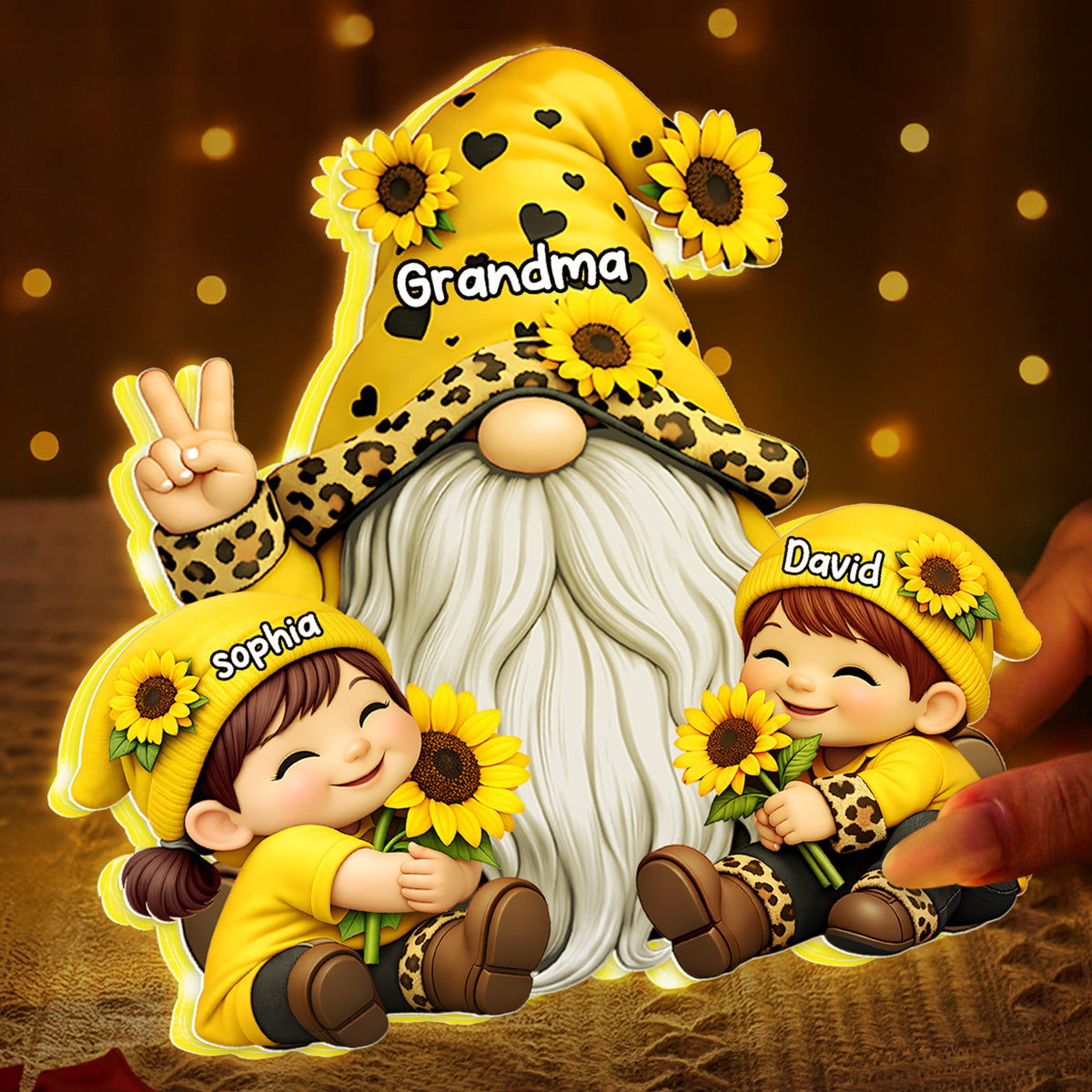 Gnome Grandma & Grandkids Sunflower - Personalized Light Box - Sentimental Gift for Grandma