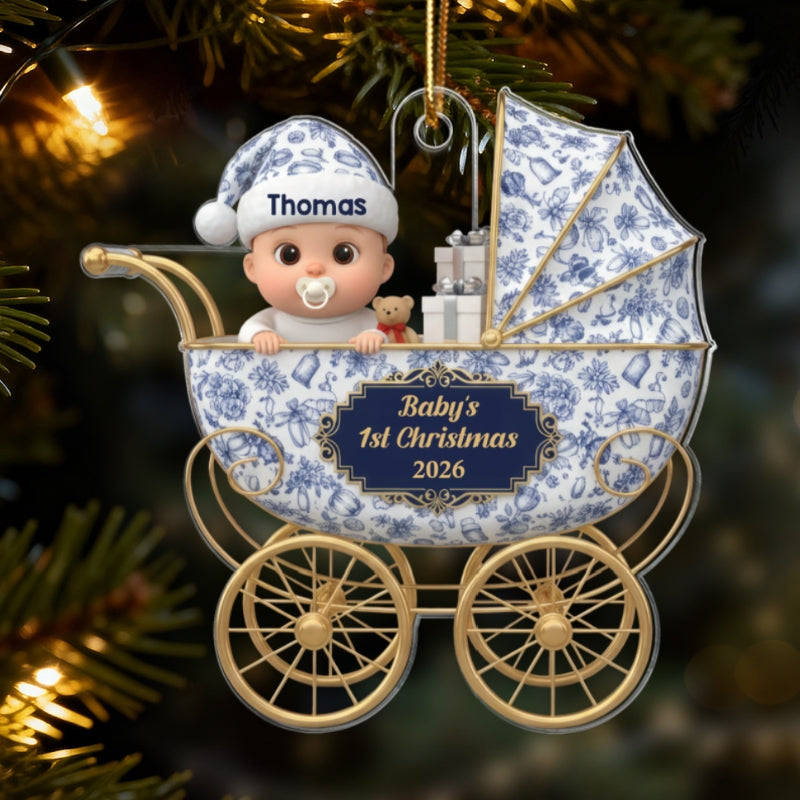 3D Effect Toile De Jouy Pattern Baby Inside Stroller - Personalized Acrylic Ornament - Baby First Christmas Keepsake