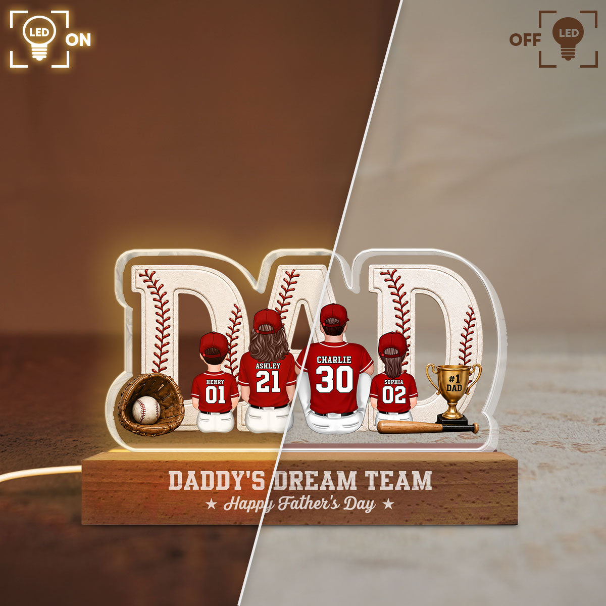 Baseball Family Daddy's Dream Team - Personalized Acrylic Block Plaque LED Night Light - Father's Day Gift For Dad, Husband