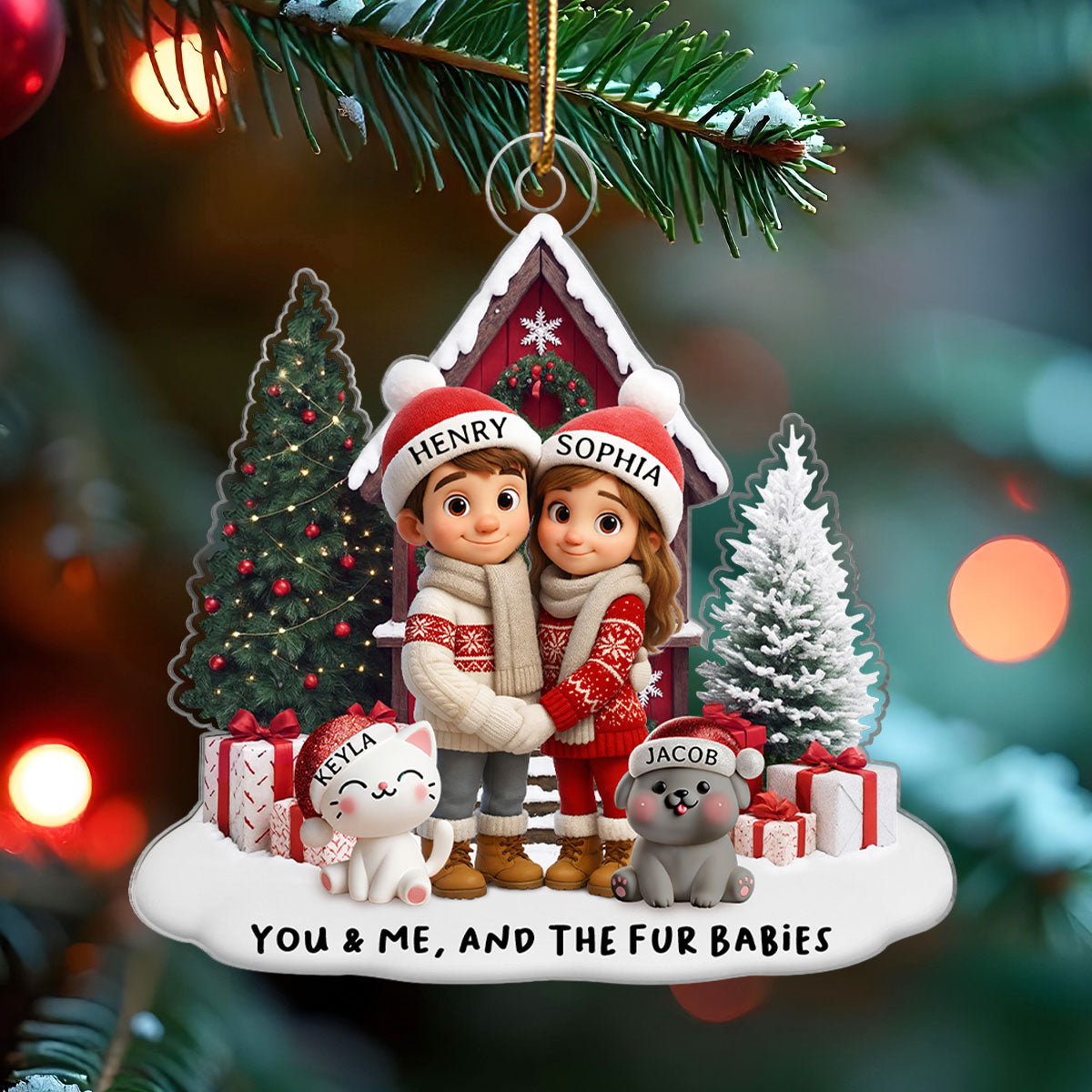 Couple & Dogs Cats Farm House - Personalized Acrylic Ornament - Christmas Gift for him, Gift for her, Gift for Pet Lovers