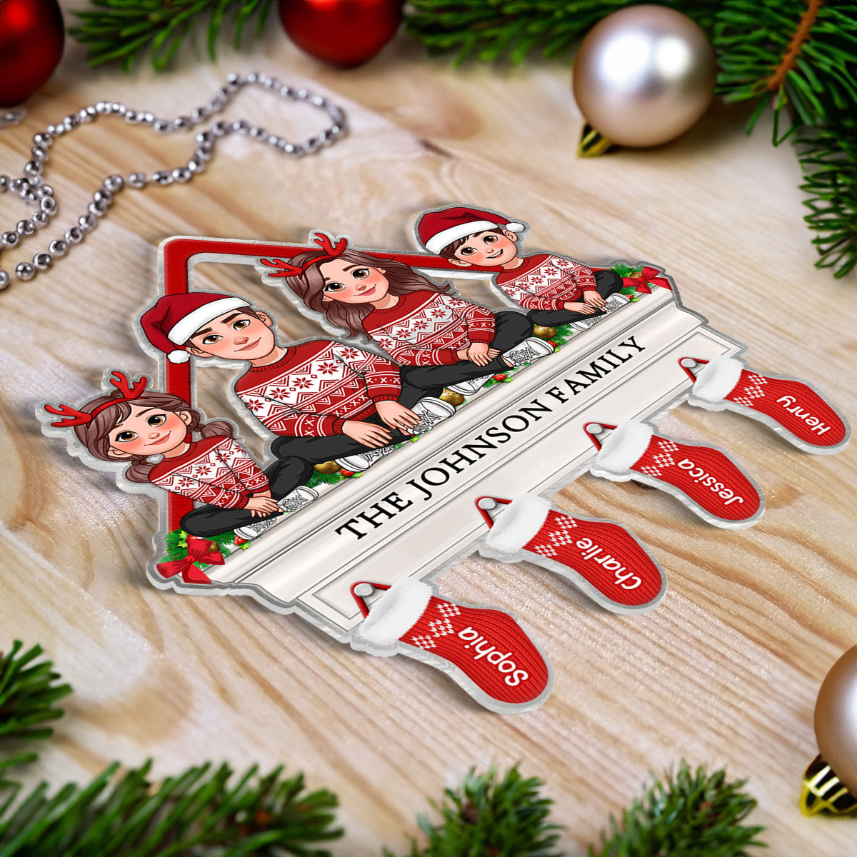 Family Sitting On Christmas Mantel With Stocking Personalized Acrylic Ornament