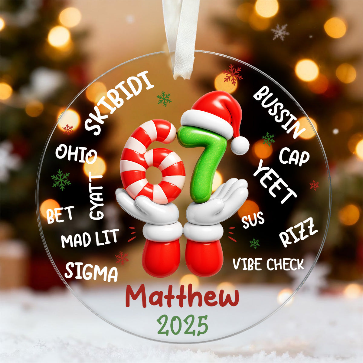 Custom Name Kid Slang Six Seven 3D Effect - Personalized Acrylic Ornament - 2025 Slang, Funny Teen Grandkid, Gen Alpha Christmas Gift