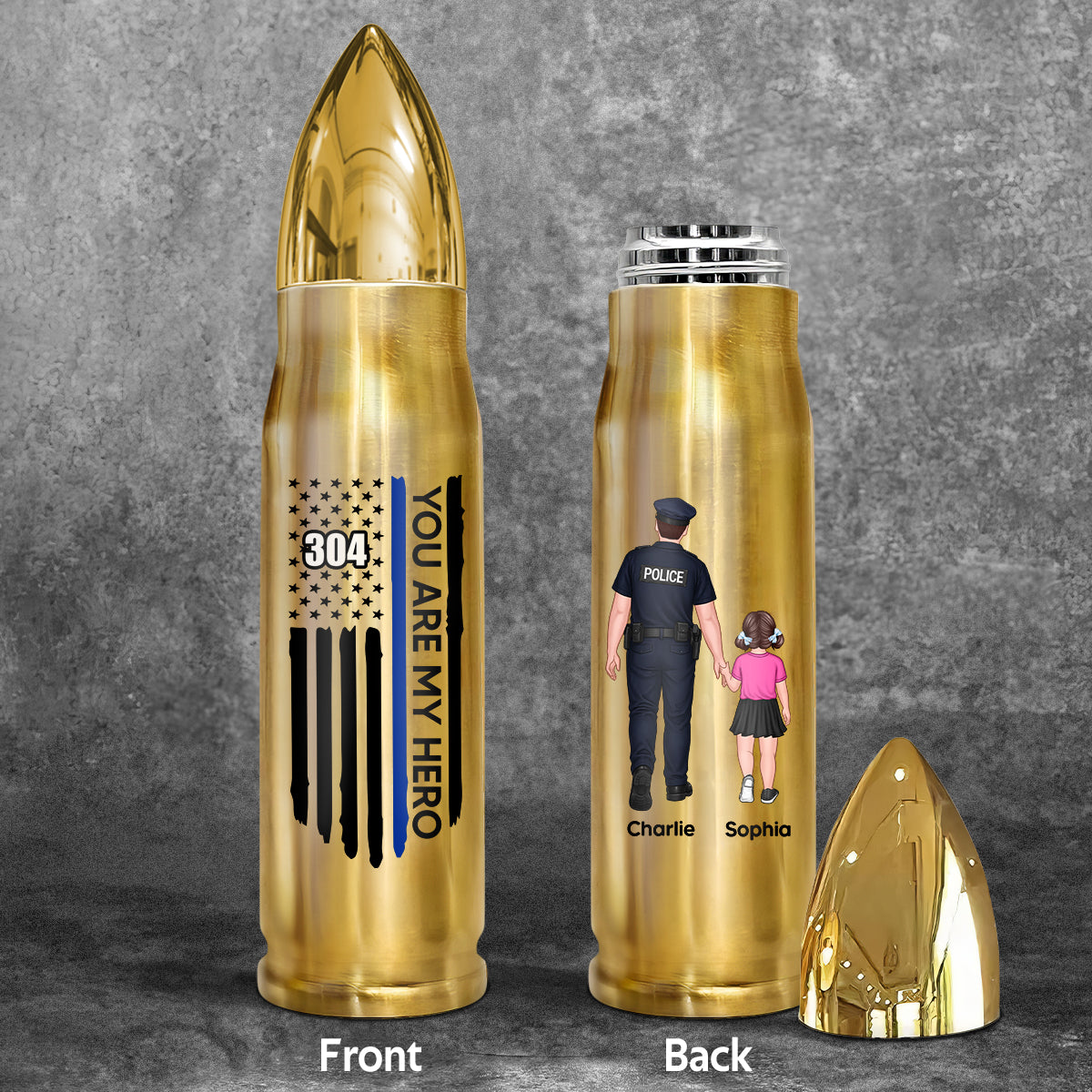 Proud American Police Dad You Are Our Hero Thin Blue Line - Personalized Bullet Tumbler - Father's Day Gift For Dad