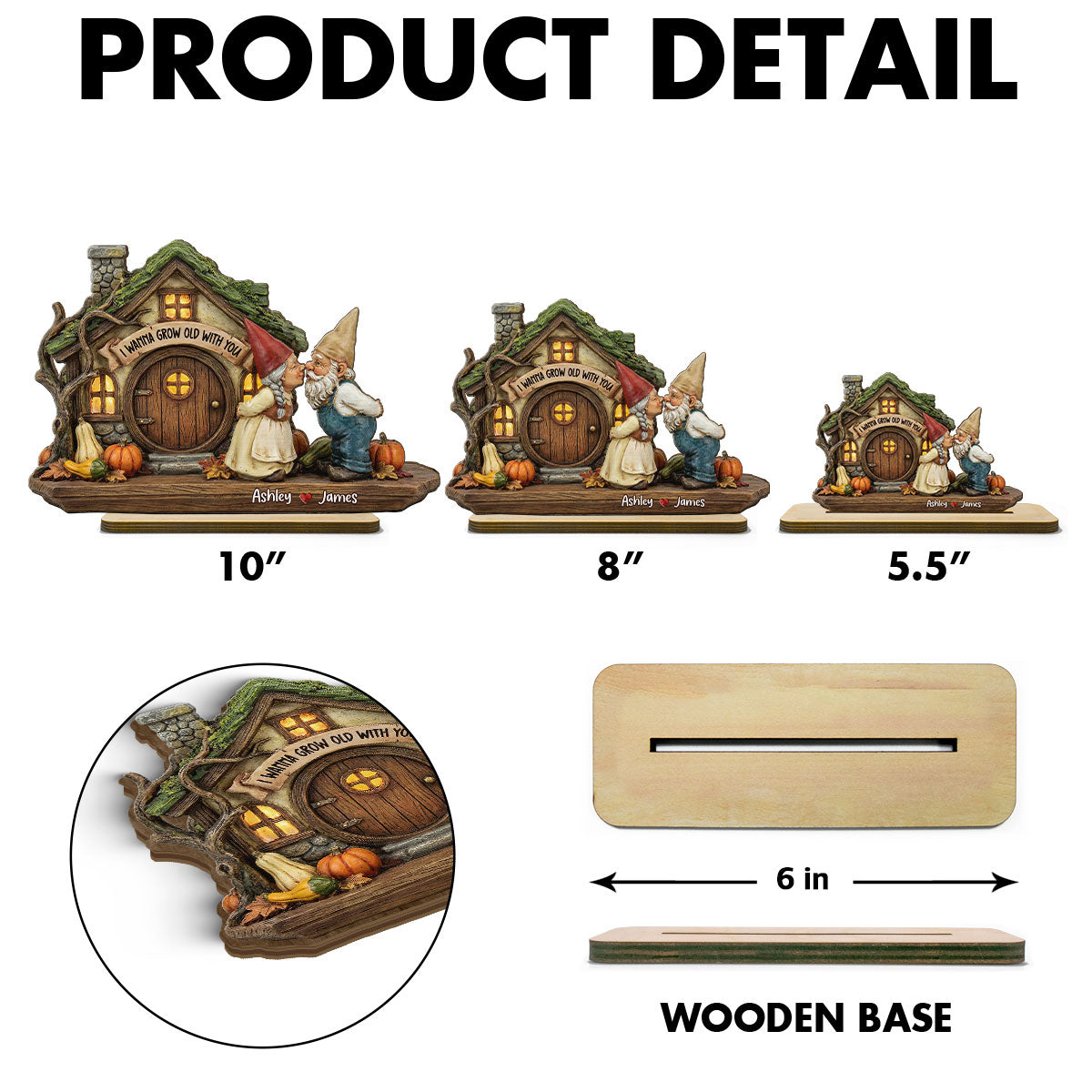 Wanna Grow Old With You Gnome Couple Kissing 2D Flat - Personalized 2-Layered Wooden Plaque - Anniversary, Valentine's Day Gift For Him, Gift For Her