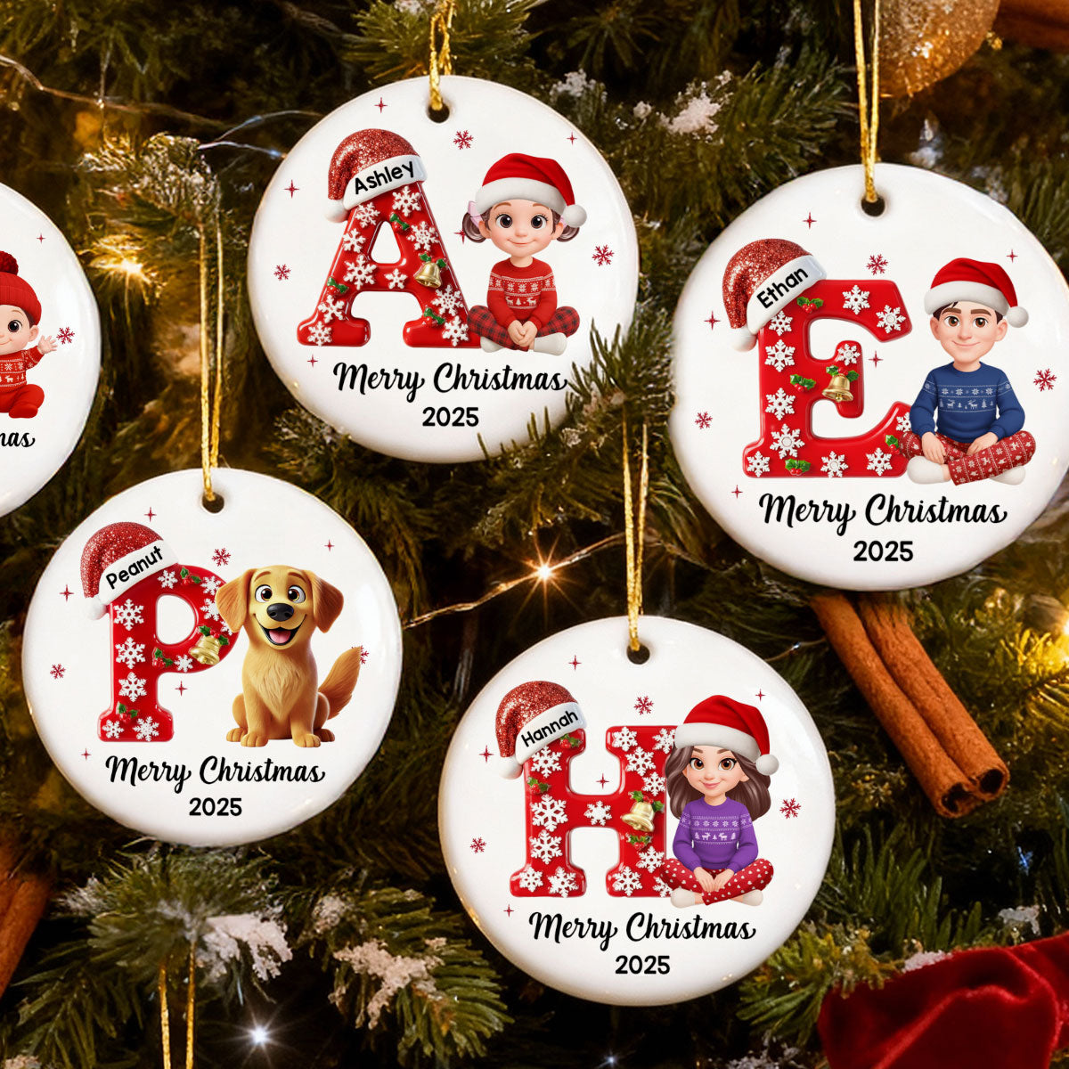 Family Member Christmas Festive Initial Name - Personalized Ceramic Ornament