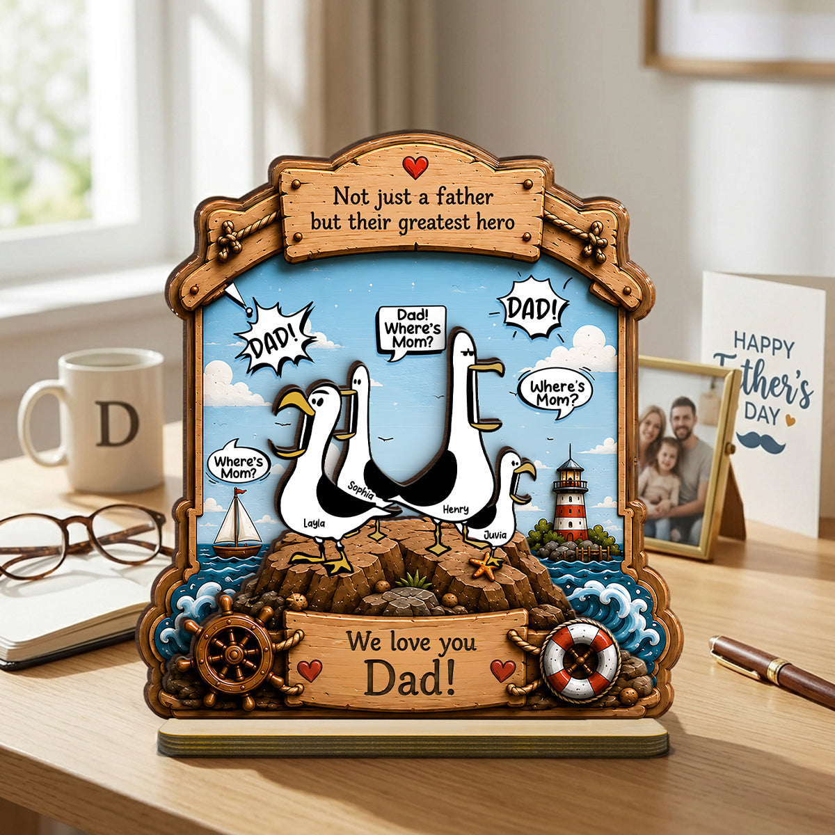 Funny Seagull Daddy Where's Mom - Personalized 2-Layered Wooden Plaque - Funny Gift For Dad, Husband