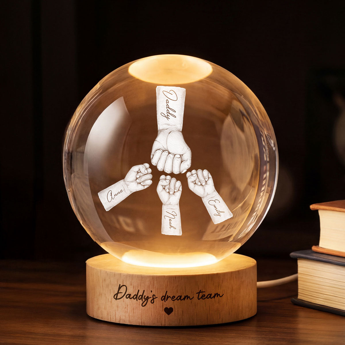 Daddy's Dream Team - Personalized Crystal Ball LED Night Light -  Gift for Dad, Husband
