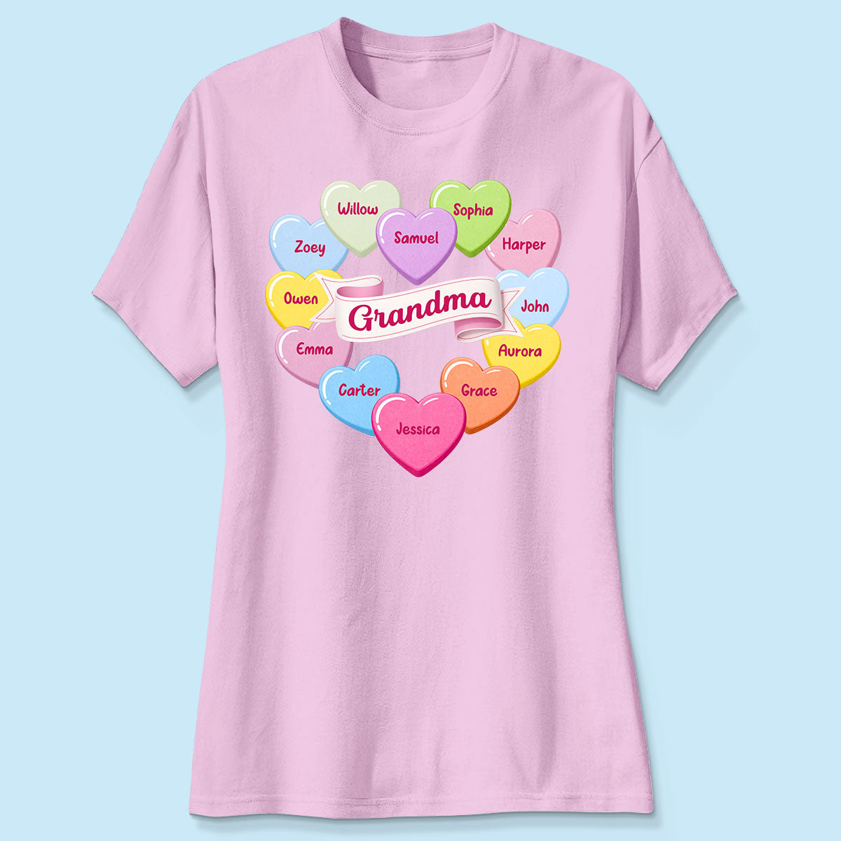Grandma's Sweethearts Conversation Hearts Grandkids Names Valentine's Day - Personalized Shirt