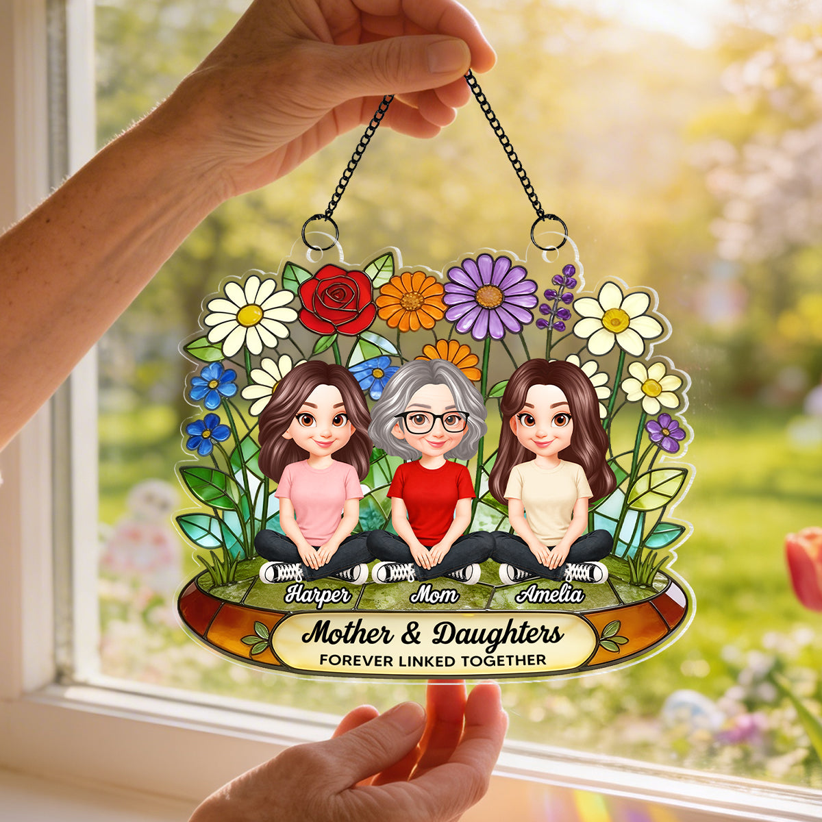 Flower Garden Mom And Son Daughter Forever Linked Together - Personalized Suncatcher Ornament - Gift For Mom